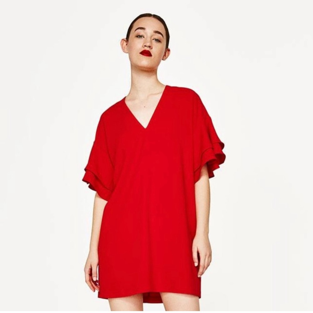 Zara Red Ruffle Sleeve Shift Dress - Size M